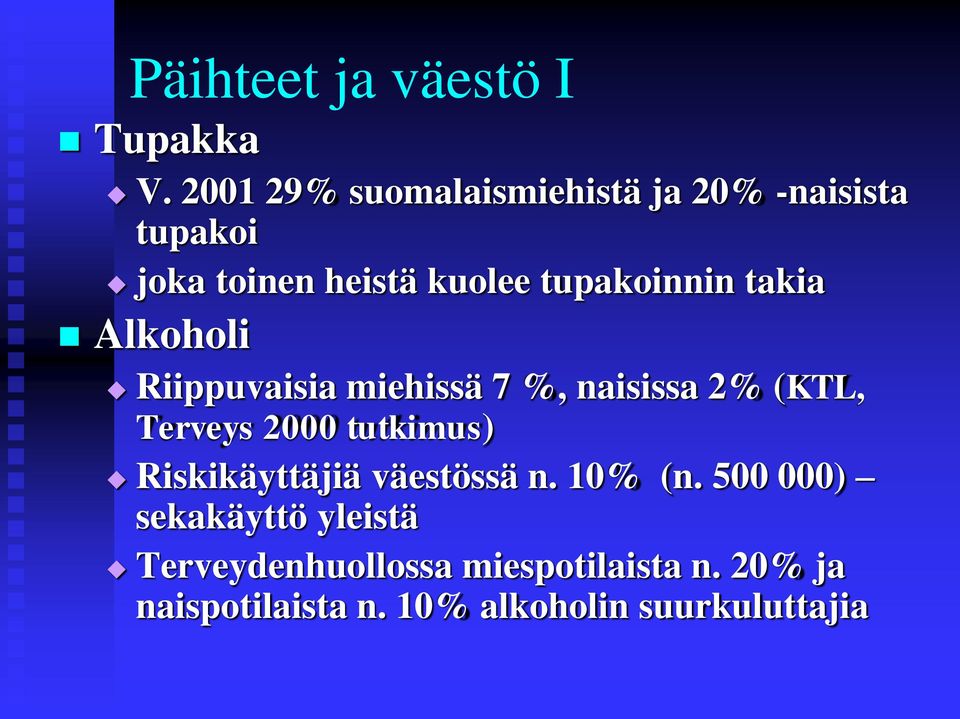 takia Alkoholi Riippuvaisia miehissä 7 %, naisissa 2% (KTL, Terveys 2000 tutkimus)