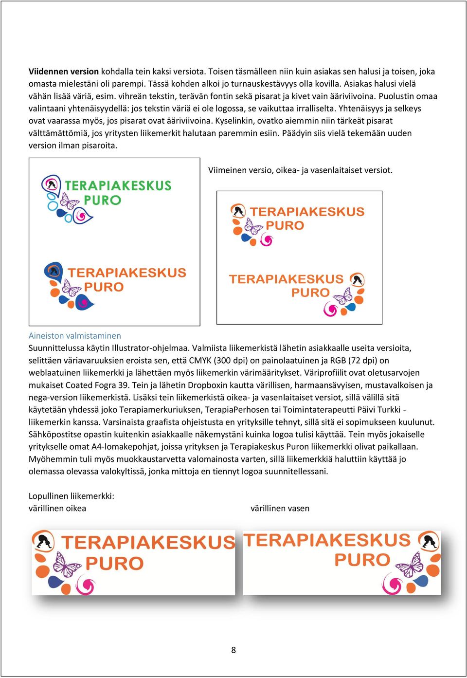 Puolustin omaa valintaani yhtenäisyydellä: jos tekstin väriä ei ole logossa, se vaikuttaa irralliselta. Yhtenäisyys ja selkeys ovat vaarassa myös, jos pisarat ovat ääriviivoina.