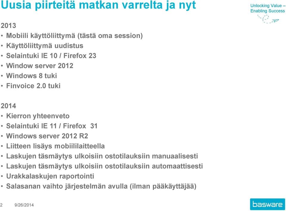 0 tuki 2014 Kierron yhteenveto Selaintuki IE 11 / Firefox 31 Windows server 2012 R2 Liitteen lisäys mobiililaitteella Laskujen