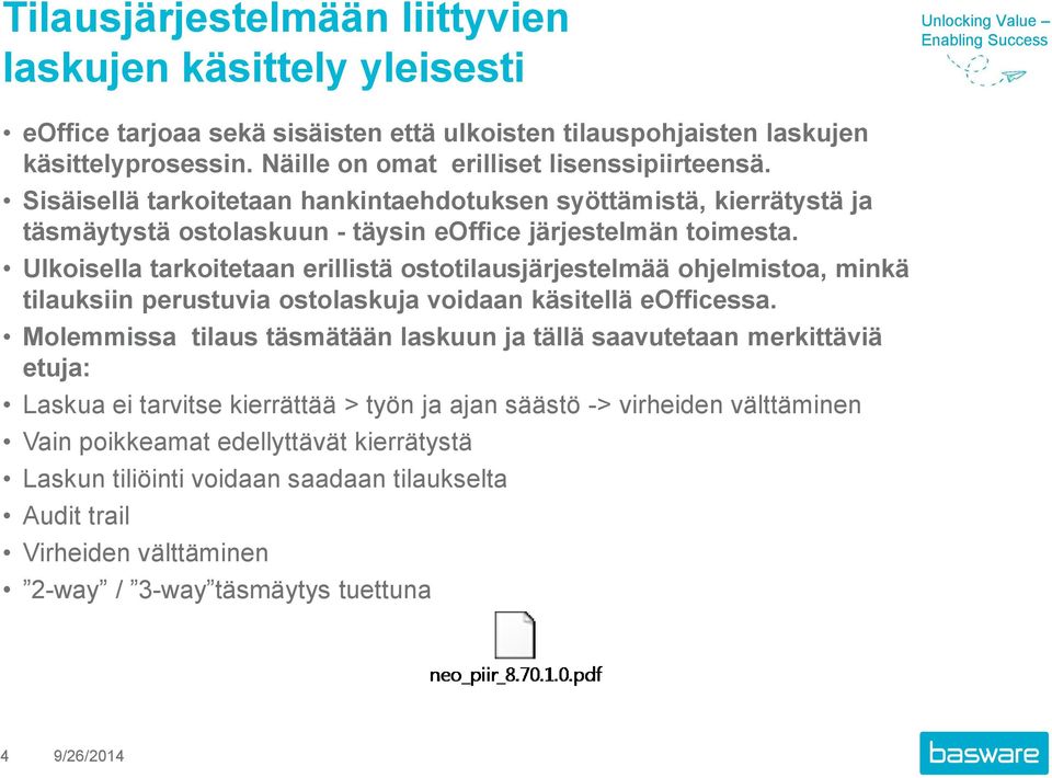 Ulkoisella tarkoitetaan erillistä ostotilausjärjestelmää ohjelmistoa, minkä tilauksiin perustuvia ostolaskuja voidaan käsitellä eofficessa.