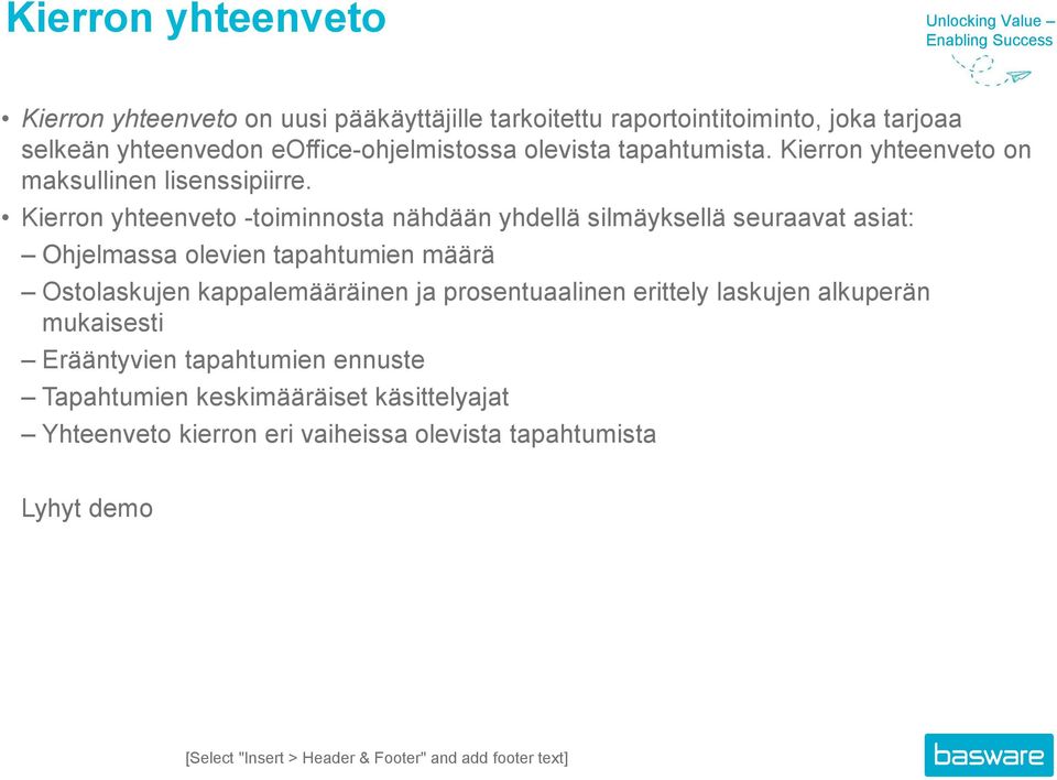 Kierron yhteenveto -toiminnosta nähdään yhdellä silmäyksellä seuraavat asiat: Ohjelmassa olevien tapahtumien määrä Ostolaskujen kappalemääräinen ja