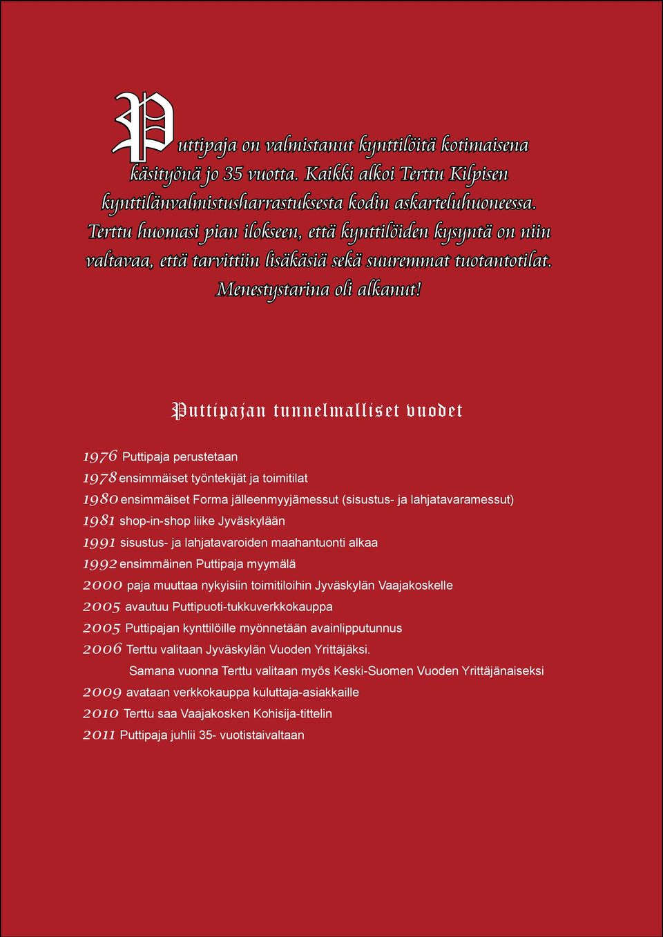 Puttipajan tunnelmalliset vuodet 1976 Puttipaja perustetaan 1978 ensimmäiset työntekijät ja toimitilat 1980 ensimmäiset Forma jälleenmyyjämessut (sisustus- ja lahjatavaramessut) 1981 shop-in-shop