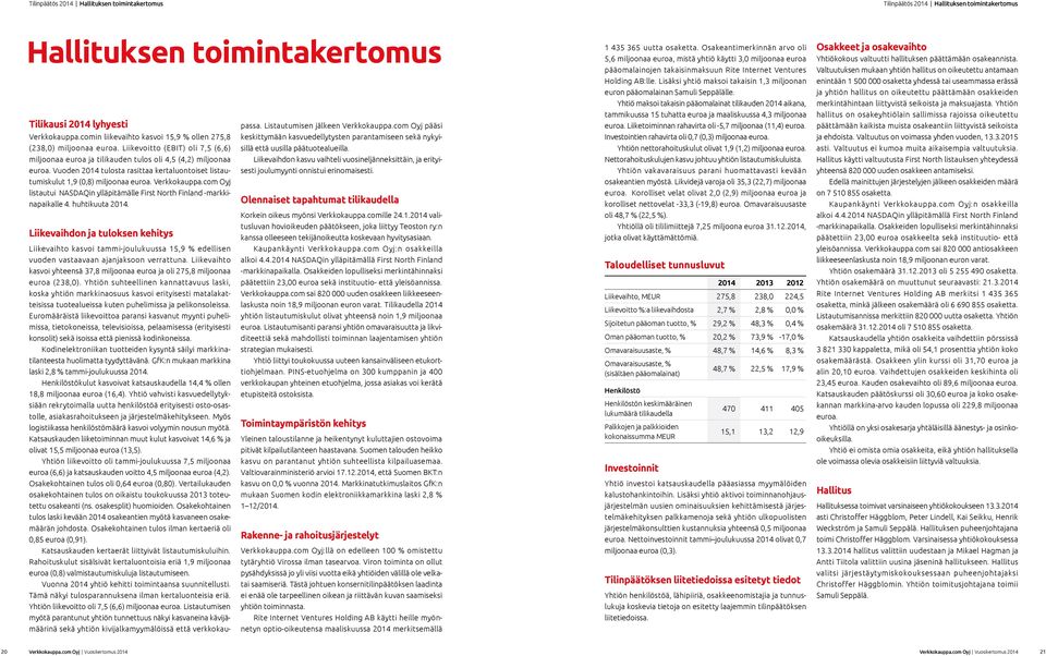 Vuoden 2014 tulosta rasittaa kertaluontoiset listautumiskulut 1,9 (0,8) miljoonaa euroa. Verkkokauppa.com Oyj listautui NASDAQin ylläpitämälle First North Finland -markkinapaikalle 4. huhtikuuta 2014.
