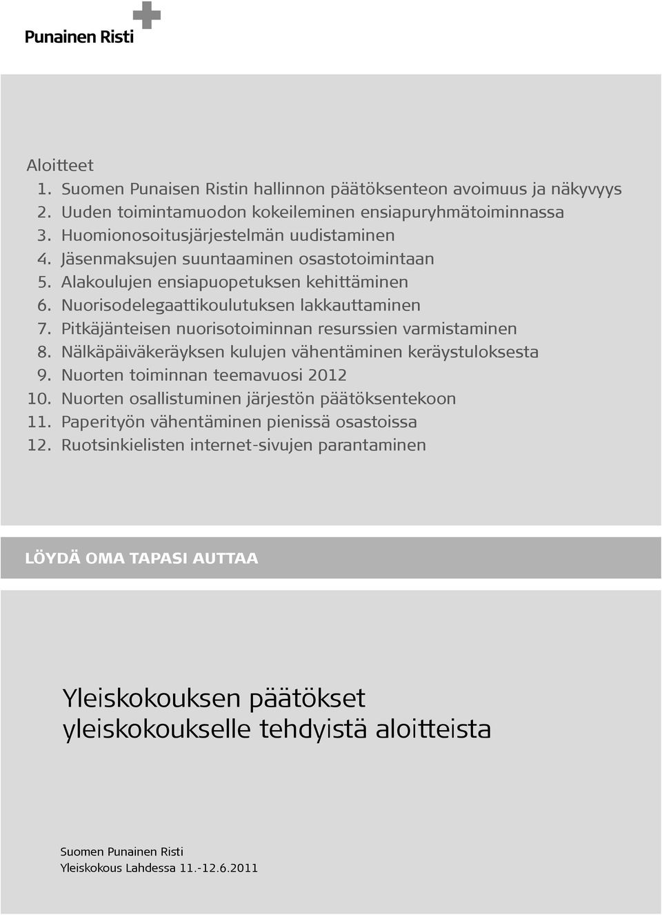 Pitkäjänteisen nuorisotoiminnan resurssien varmistaminen 8. Nälkäpäiväkeräyksen kulujen vähentäminen keräystuloksesta 9. Nuorten toiminnan teemavuosi 2012 10.