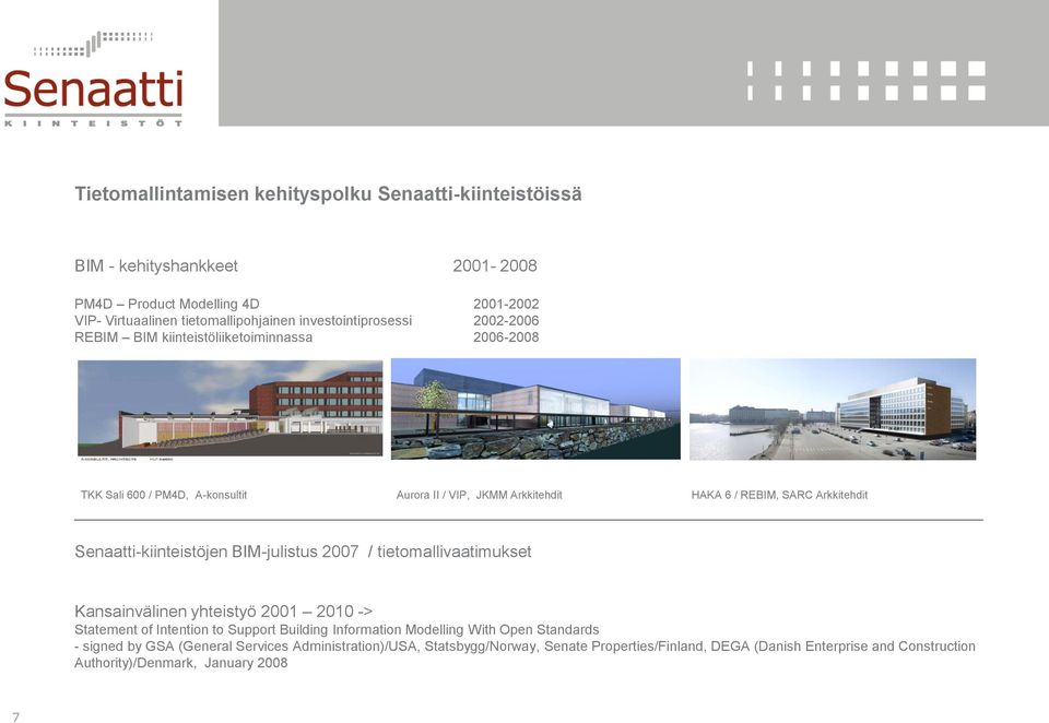 BIM-julistus 2007 / tietomallivaatimukset Kansainvälinen yhteistyö 2001 2010 -> Statement of Intention to Support Building Information Modelling With Open Standards - signed by GSA