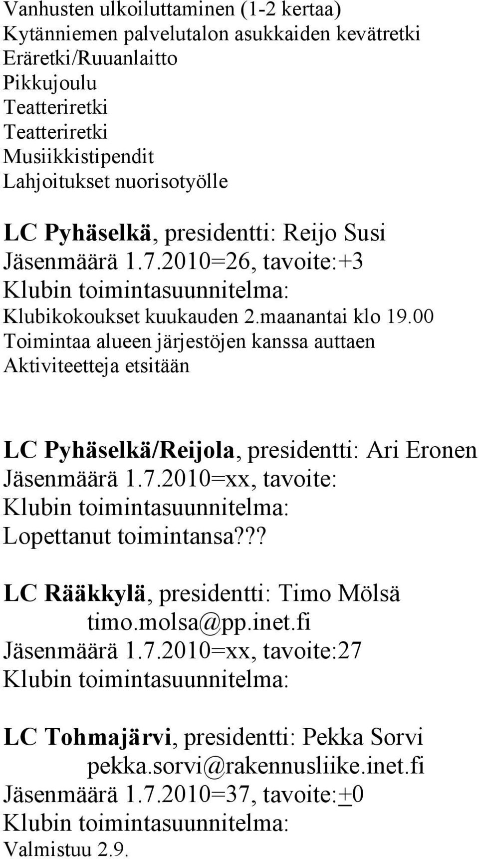 00 Toimintaa alueen järjestöjen kanssa auttaen Aktiviteetteja etsitään LC Pyhäselkä/Reijola, presidentti: Ari Eronen Jäsenmäärä 1.7.2010=xx, tavoite: Lopettanut toimintansa?