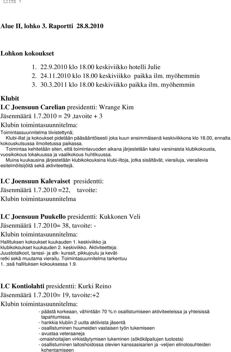 2010 = 29,tavoite + 3 Toimintassuunnitelma tiivistettynä; Klubi-illat ja kokoukset pidetään pääsääntöisesti joka kuun ensimmäisenä keskiviikkona klo 18.