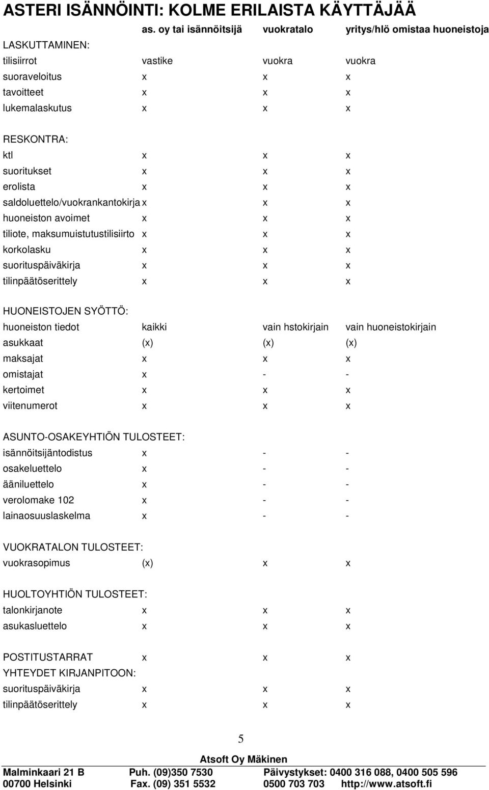 suoritukset x x x erolista x x x saldoluettelo/vuokrankantokirja x x x huoneiston avoimet x x x tiliote, maksumuistutustilisiirto x x x korkolasku x x x suorituspäiväkirja x x x tilinpäätöserittely x