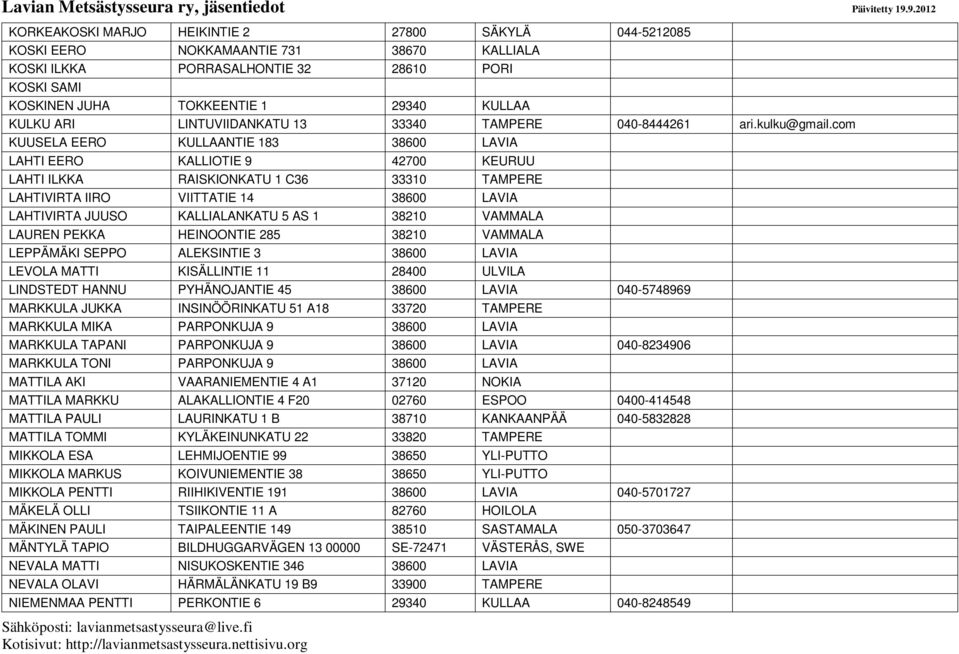 com KUUSELA EERO KULLAANTIE 183 38600 LAVIA LAHTI EERO KALLIOTIE 9 42700 KEURUU LAHTI ILKKA RAISKIONKATU 1 C36 33310 TAMPERE LAHTIVIRTA IIRO VIITTATIE 14 38600 LAVIA LAHTIVIRTA JUUSO KALLIALANKATU 5