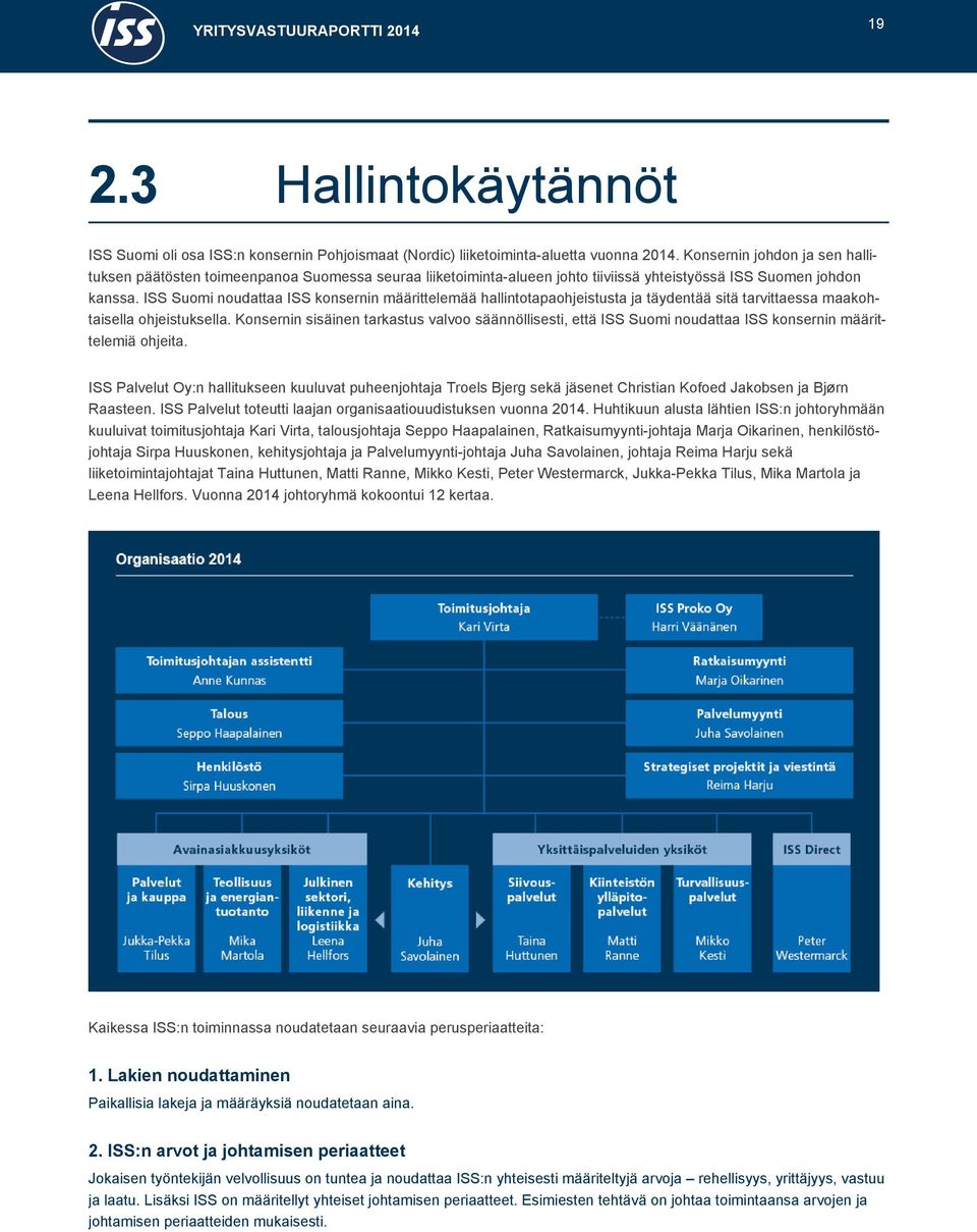 ISS Suomi noudattaa ISS konsernin määrittelemää hallintotapaohjeistusta ja täydentää sitä tarvittaessa maakohtaisella ohjeistuksella.