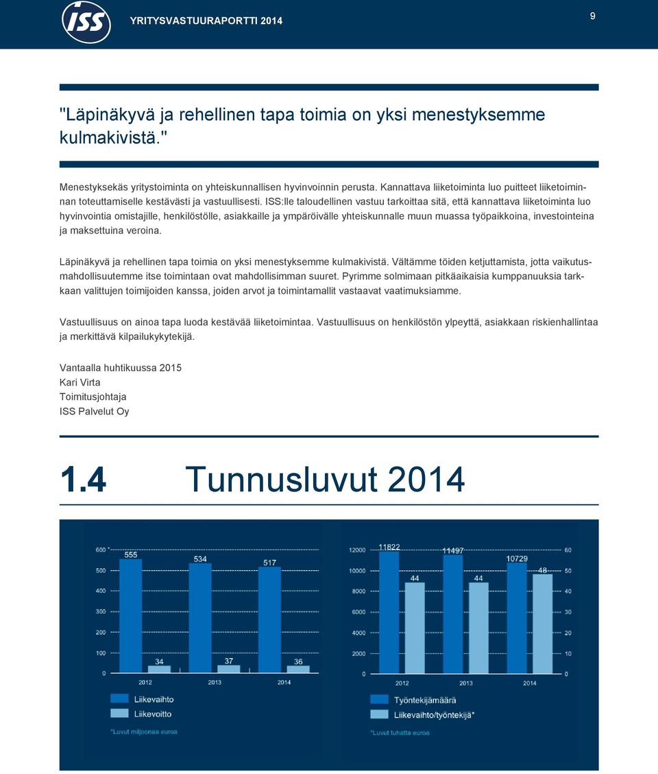 ISS:lle taloudellinen vastuu tarkoittaa sitä, että kannattava liiketoiminta luo hyvinvointia omistajille, henkilöstölle, asiakkaille ja ympäröivälle yhteiskunnalle muun muassa työpaikkoina,