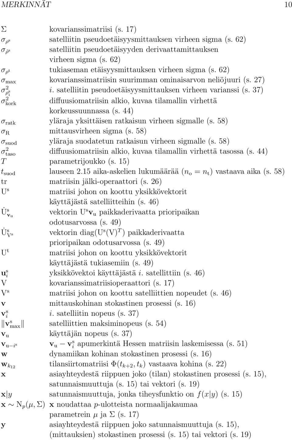 37) s i σor 2 diffuusiomatriisin alio, uvaa tilamallin virhettä oreussuunnassa (s. 44) σ rat yläraja ysittäisen rataisun virheen sigmalle (s. 58) σ R mittausvirheen sigma (s.