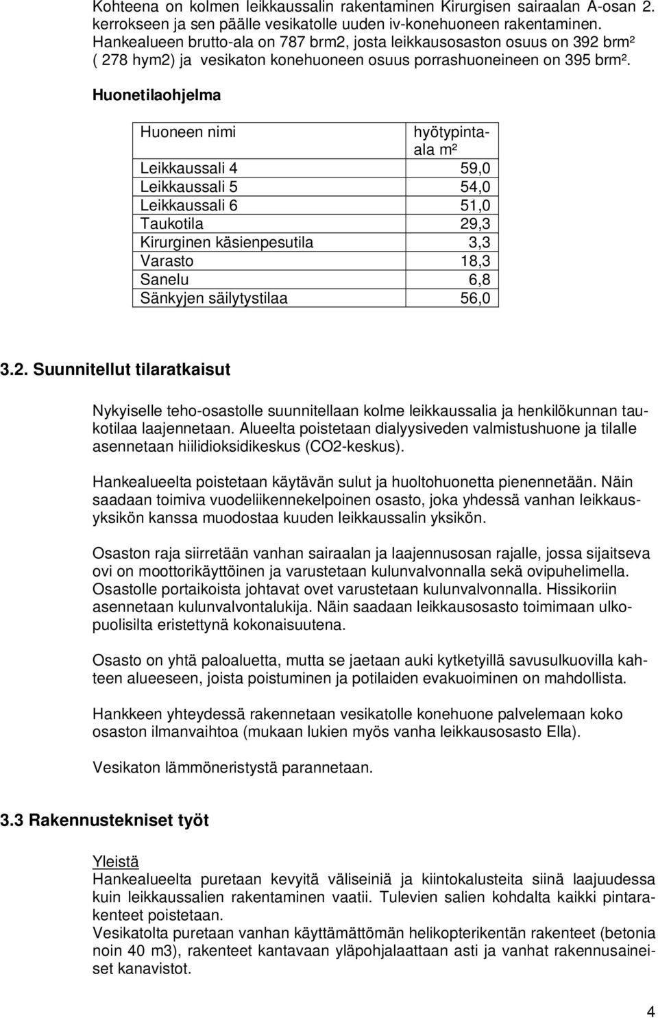 Huonetilaohjelma Huoneen nimi hyötypintaala m² Leikkaussali 4 59,0 Leikkaussali 5 54,0 Leikkaussali 6 51,0 Taukotila 29,3 Kirurginen käsienpesutila 3,3 Varasto 18,3 Sanelu 6,8 Sänkyjen säilytystilaa