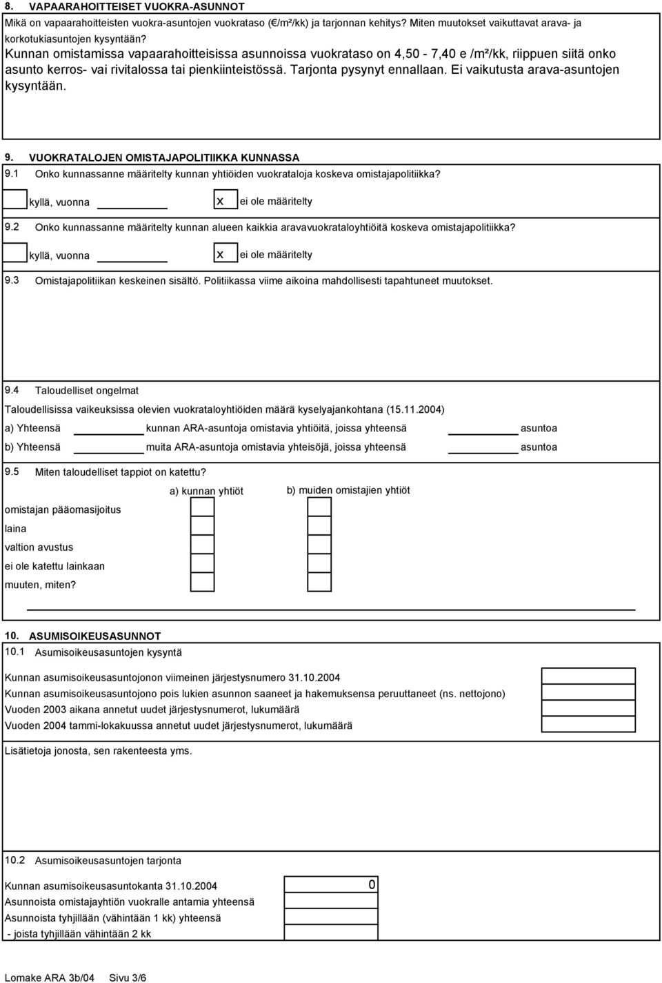 Ei vaikutusta arava-asuntojen kysyntään. 9. 9.1 VUOKRATALOJEN OMISTAJAPOLITIIKKA KUNNASSA Onko kunnassanne määritelty kunnan yhtiöiden vuokrataloja koskeva omistajapolitiikka?