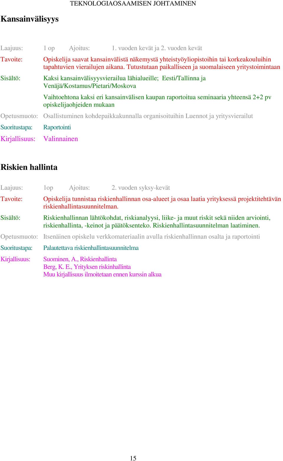 raportoitua seminaaria yhteensä 2+2 pv opiskelijaohjeiden mukaan Opetusmuoto: Osallistuminen kohdepaikkakunnalla organisoituihin Luennot ja yritysvierailut Raportointi Valinnainen Riskien hallinta