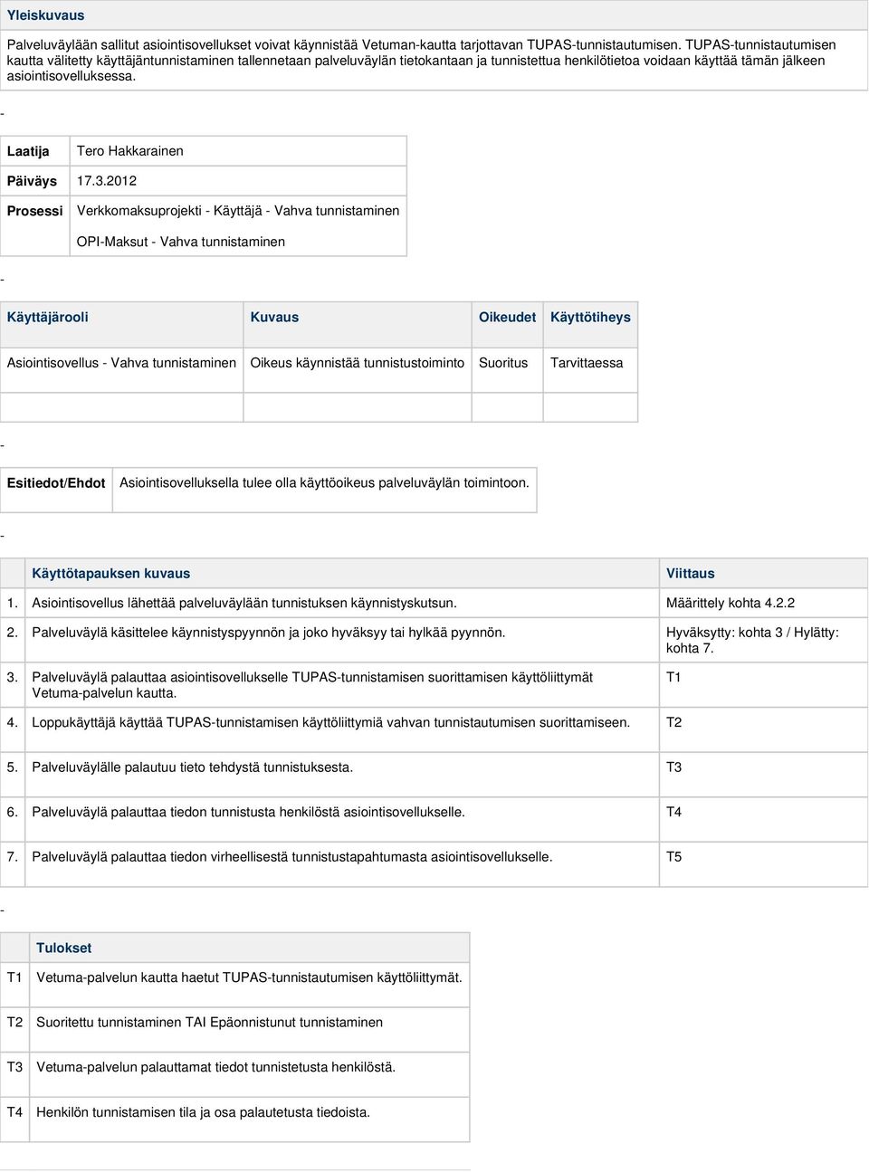 2012 Verkkomaksuprojekti Käyttäjä Vahva tunnistaminen OPIMaksut Vahva tunnistaminen Käyttäjärooli Kuvaus Oikeudet Asiointisovellus Vahva tunnistaminen Oikeus käynnistää tunnistustoiminto Suoritus