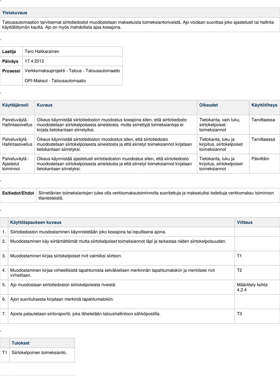 2012 Verkkomaksuprojekti Talous Talousautomaatio OPIMaksut Talousautomaatio Käyttäjärooli Kuvaus Oikeudet Palveluväylä Hallintasovellus Oikeus käynnistää siirtotiedoston muodostus koeajona siten,