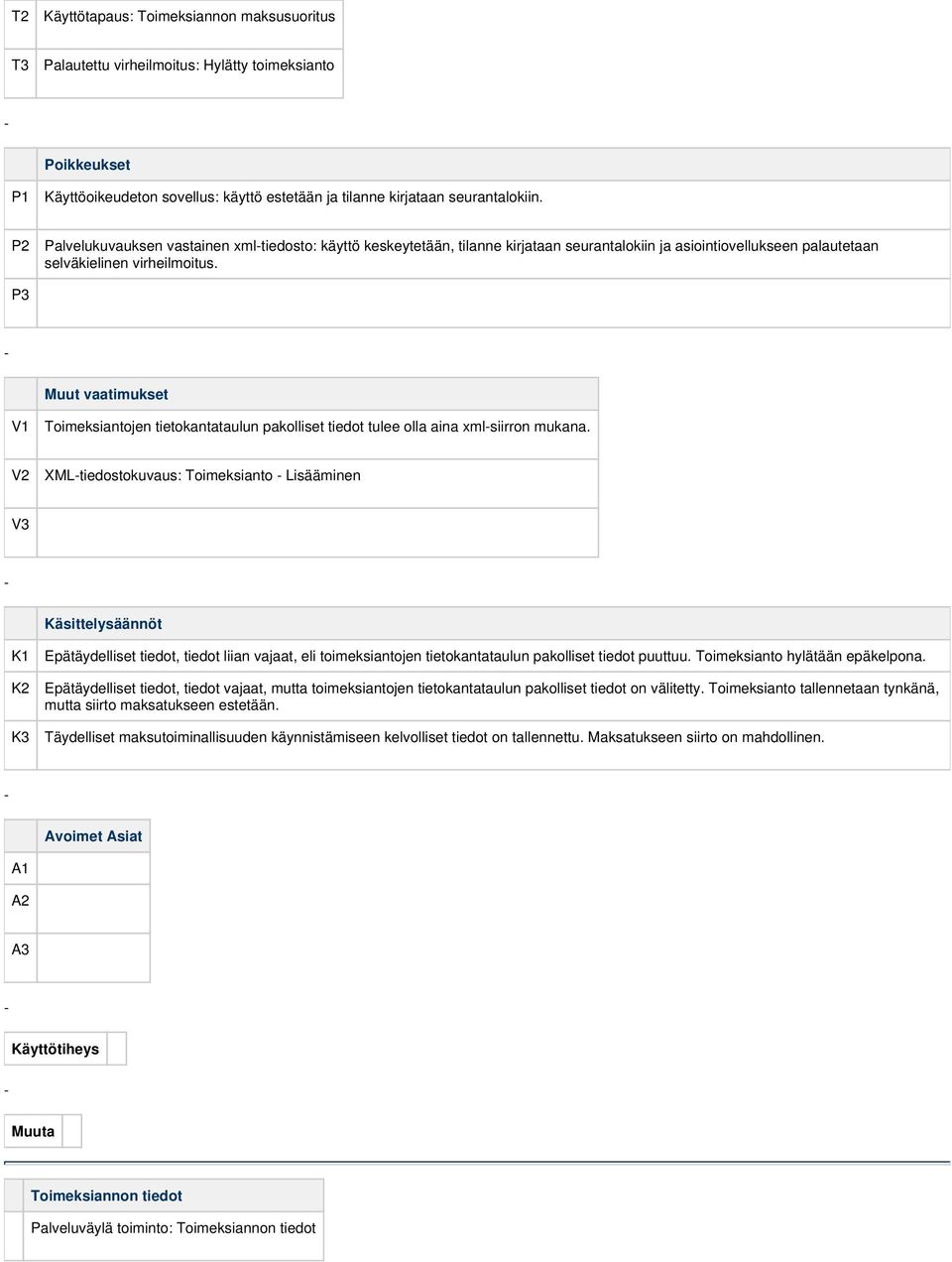 Muut vaatimukset Toimeksiantojen tietokantataulun pakolliset tiedot tulee olla aina xmlsiirron mukana.