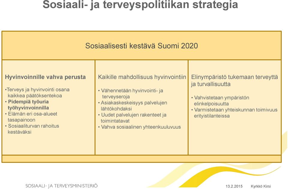 hyvinvointiin Vähennetään hyvinvointi- ja terveyseroja Asiakaskeskeisyys palvelujen lähtökohdaksi Uudet palvelujen rakenteet ja toimintatavat Vahva