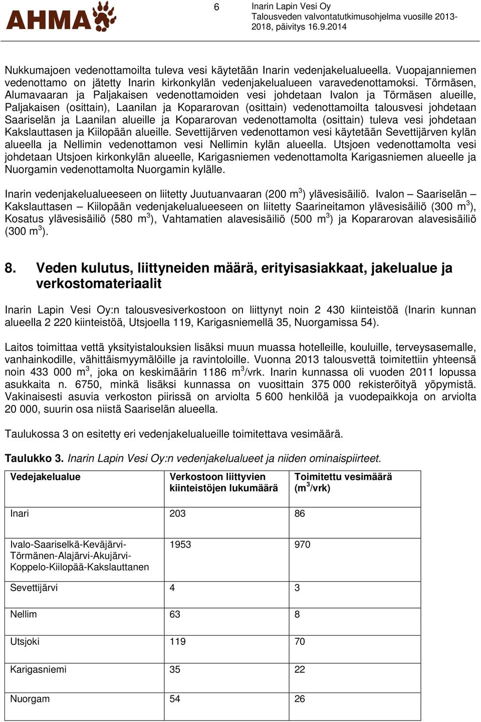 Törmäsen, Alumavaaran ja Paljakaisen vedenottamoiden vesi johdetaan Ivalon ja Törmäsen alueille, Paljakaisen (osittain), Laanilan ja Kopararovan (osittain) vedenottamoilta talousvesi johdetaan