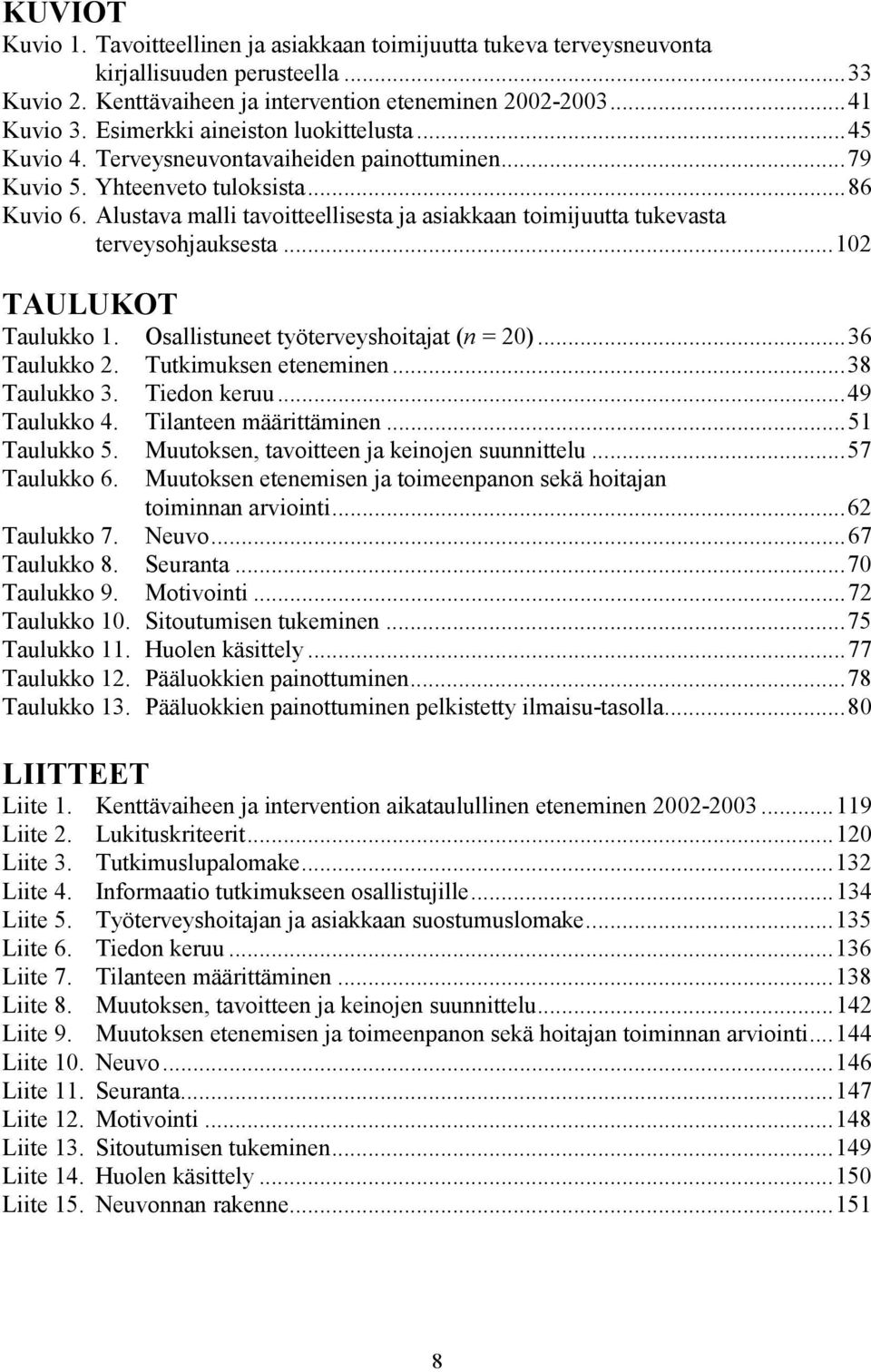 Alustava malli tavoitteellisesta ja asiakkaan toimijuutta tukevasta terveysohjauksesta...102 TAULUKOT Taulukko 1. Osallistuneet työterveyshoitajat (n = 20)...36 Taulukko 2. Tutkimuksen eteneminen.