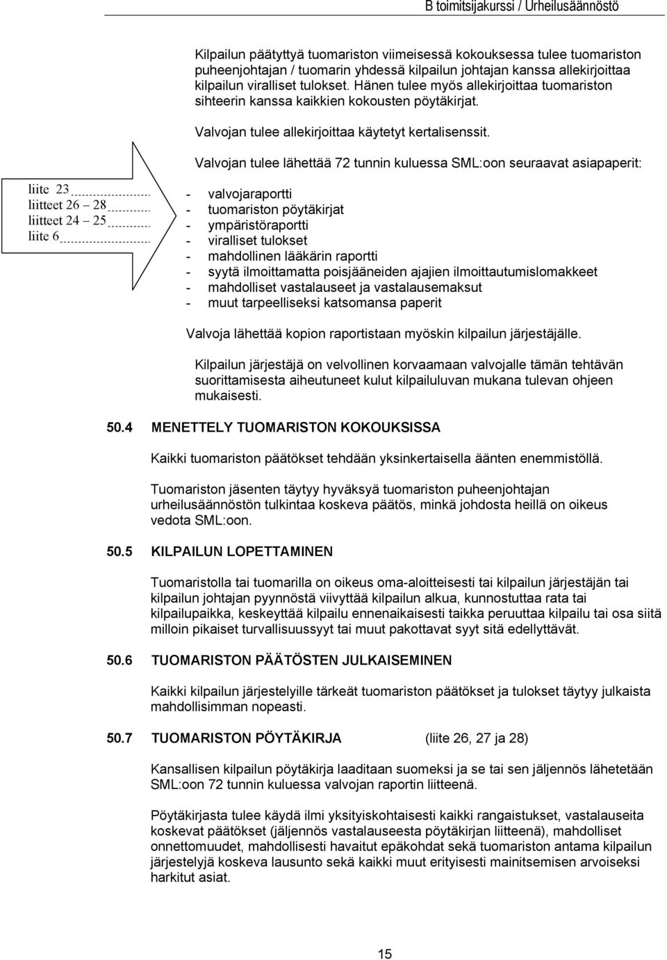 Valvojan tulee lähettää 72 tunnin kuluessa SML:oon seuraavat asiapaperit: liite 23 liitteet 26 28 liitteet 24 25 liite 6 - valvojaraportti - tuomariston pöytäkirjat - ympäristöraportti - viralliset