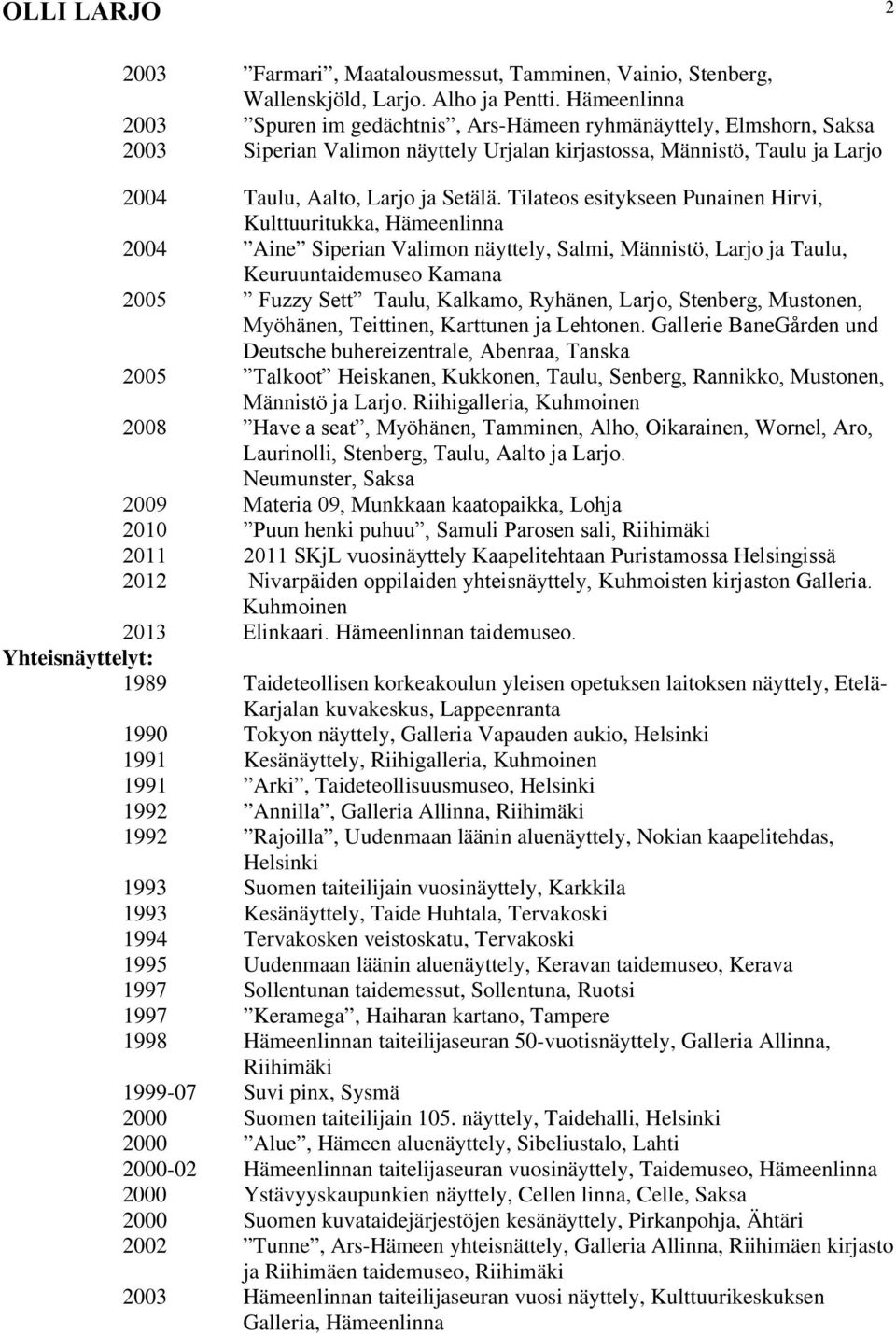 Tilateos esitykseen Punainen Hirvi, Kulttuuritukka, 2004 Aine Siperian Valimon näyttely, Salmi, Männistö, Larjo ja Taulu, Keuruuntaidemuseo Kamana 2005 Fuzzy Sett Taulu, Kalkamo, Ryhänen, Larjo,