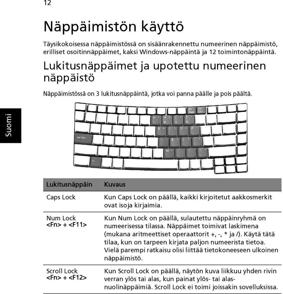 Lukitusnäppäin Caps Lock Num Lock <Fn> + <F11> Scroll Lock <Fn> + <F12> Kuvaus Kun Caps Lock on päällä, kaikki kirjoitetut aakkosmerkit ovat isoja kirjaimia.