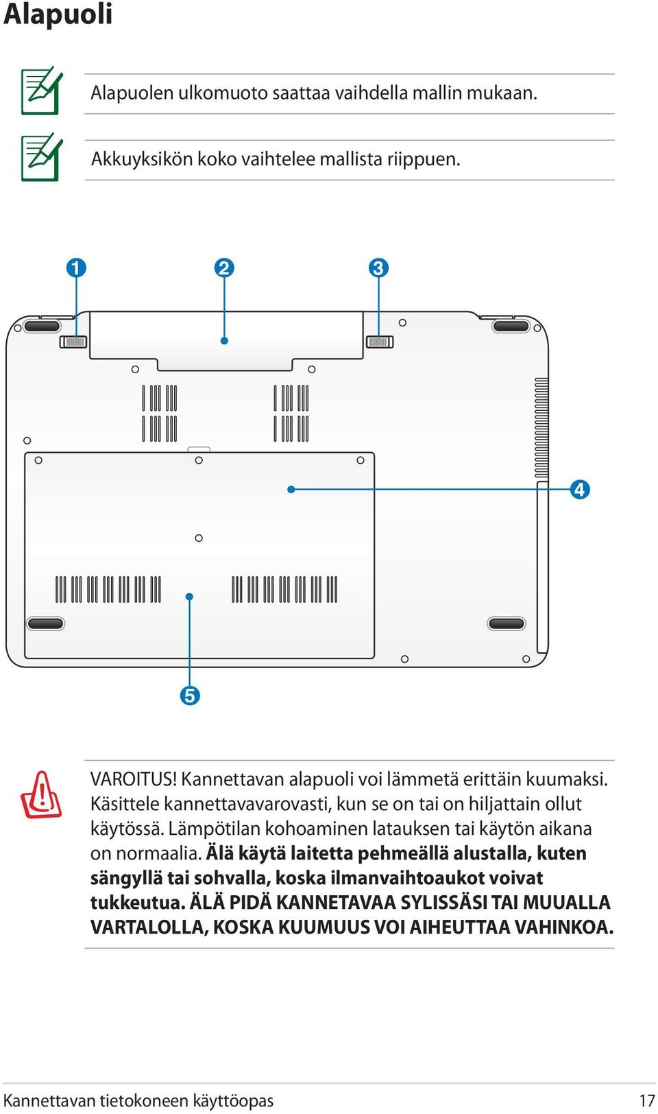 Lämpötilan kohoaminen latauksen tai käytön aikana on normaalia.