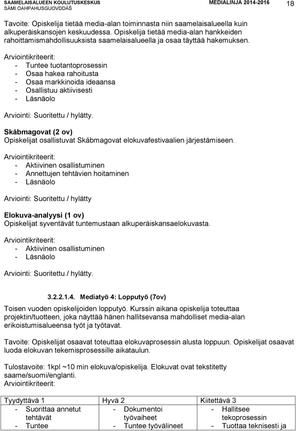- Tuntee tuotantoprosessin - Osaa hakea rahoitusta - Osaa markkinoida ideaansa - Osallistuu aktiivisesti - Läsnäolo Arviointi: Suoritettu / hylätty.