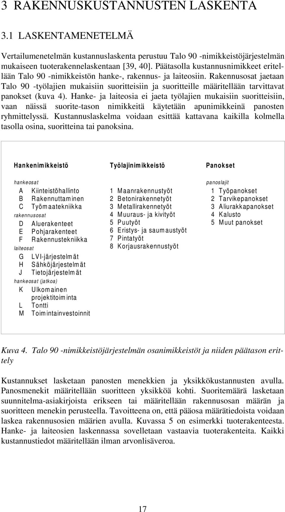 Rakennusosat jaetaan Talo 90 -työlajien mukaisiin suoritteisiin ja suoritteille määritellään tarvittavat panokset (kuva 4).