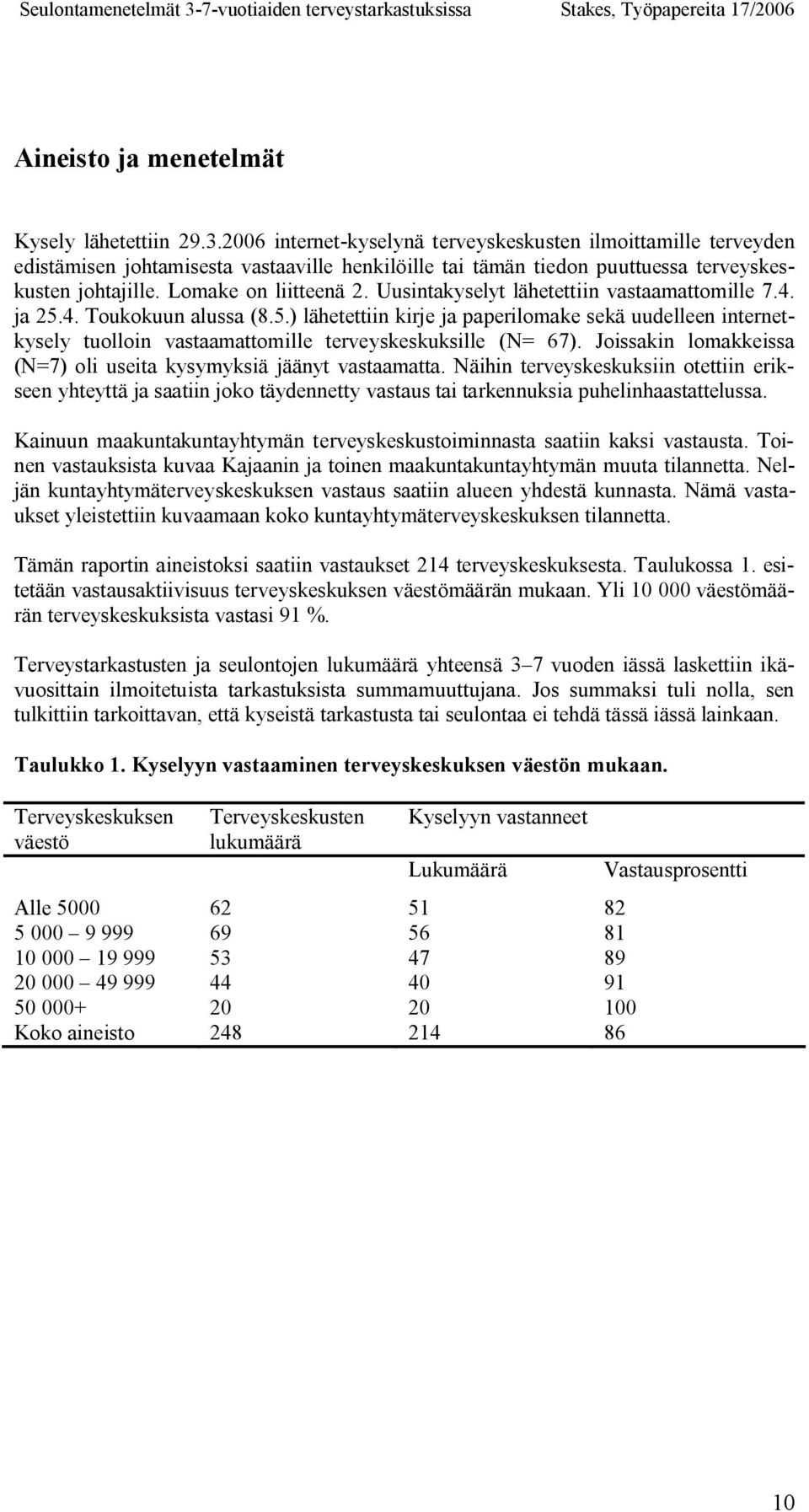 Joissakin lomakkeissa (N=7) oli useita kysymyksiä jäänyt vastaamatta. Näihin terveyskeskuksiin otettiin erikseen yhteyttä ja saatiin joko täydennetty vastaus tai tarkennuksia puhelinhaastattelussa.