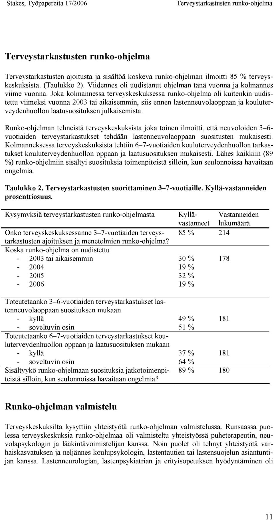 Joka kolmannessa terveyskeskuksessa runko-ohjelma oli kuitenkin uudistettu viimeksi vuonna 2003 tai aikaisemmin, siis ennen lastenneuvolaoppaan ja kouluterveydenhuollon laatusuosituksen julkaisemista.