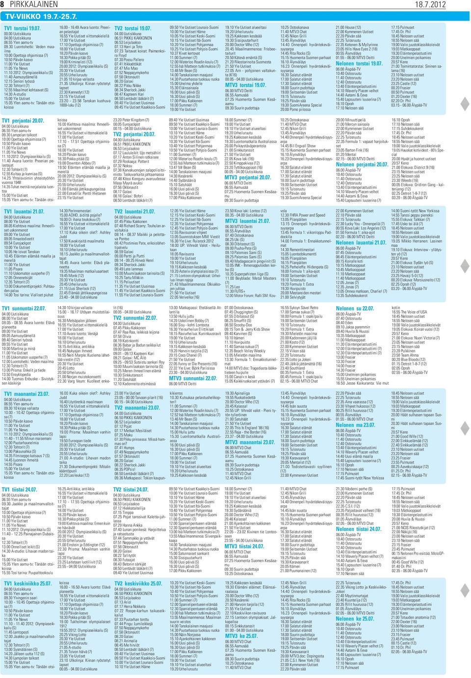 05 Ylen aamu-tv: Tänään otsikoissa TV1 lauantai 21.07. 08.00 Yle Uutiset 08.05 Kiehtova maailma: Ihmeelliset uskonmenot 09.00 Yle Uutiset 09.05 Ilmastodieetit 09.54 Eurojackpot 10.00 Yle Uutiset 10.