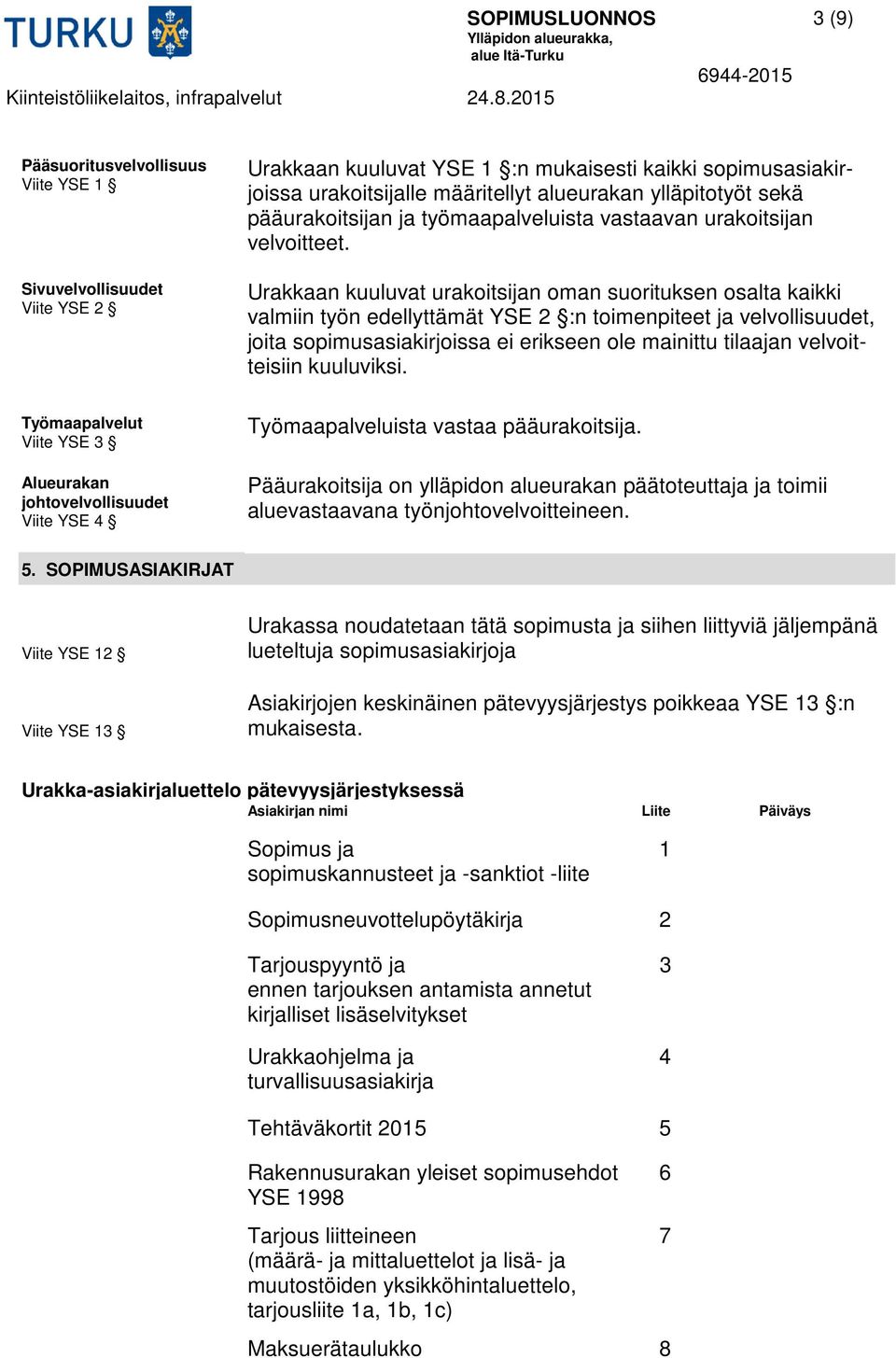 Urakkaan kuuluvat urakoitsijan oman suorituksen osalta kaikki valmiin työn edellyttämät YSE 2 :n toimenpiteet ja velvollisuudet, joita sopimusasiakirjoissa ei erikseen ole mainittu tilaajan