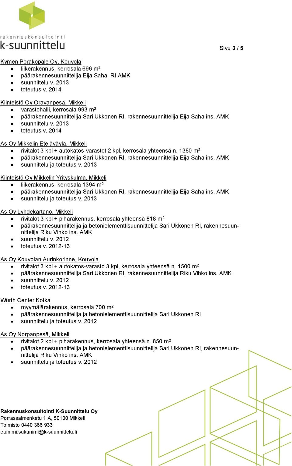 AMK Kiinteistö Oy Mikkelin Yrityskulma, Mikkeli liikerakennus, kerrosala 1394 m 2, rakennesuunnittelija Eija Saha ins.