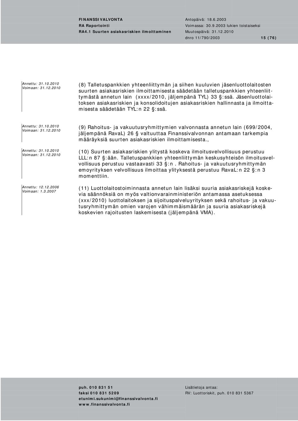 (9) Rahoitus- ja vakuutusryhmittymien valvonnasta annetun lain (699/2004, jäljempänä RavaL) 26 valtuuttaa Finanssivalvonnan antamaan tarkempia määräyksiä suurten asiakasriskien ilmoittamisesta.