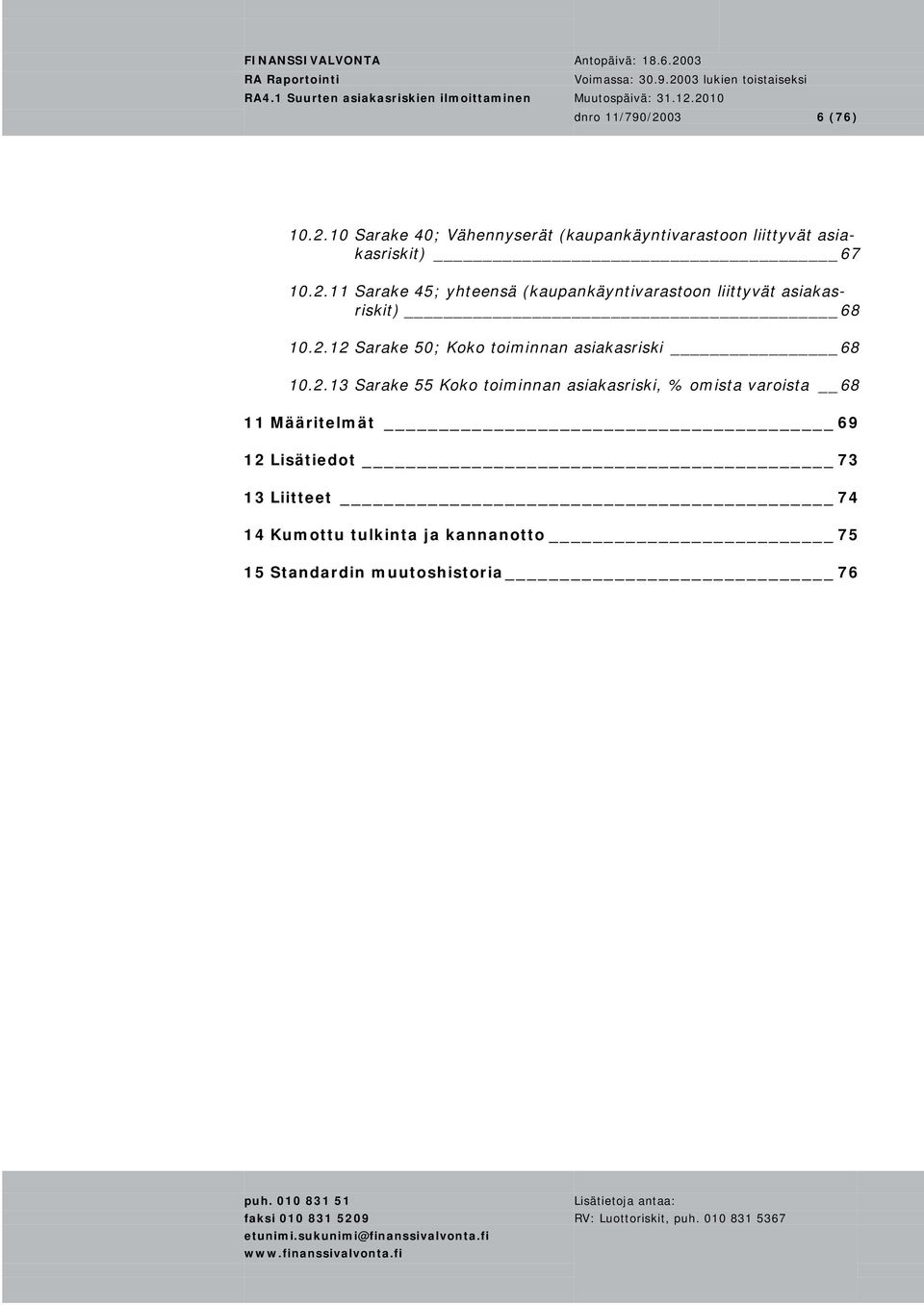 2.13 Sarake 55 Koko toiminnan asiakasriski, % omista varoista 68 11 Määritelmät 69 12 Lisätiedot 73 13