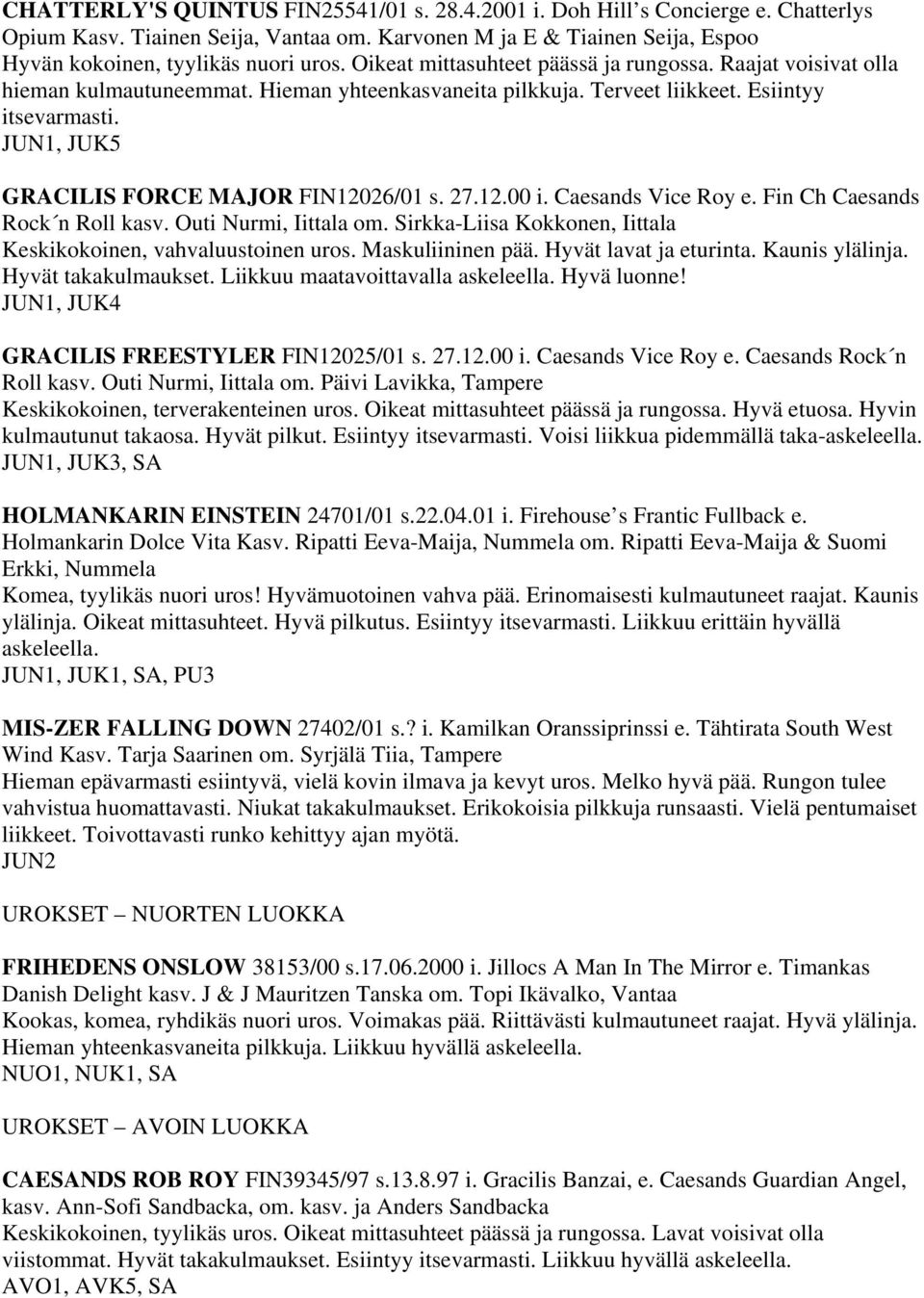 JUN1, JUK5 GRACILIS FORCE MAJOR FIN12026/01 s. 27.12.00 i. Caesands Vice Roy e. Fin Ch Caesands Rock n Roll kasv. Outi Nurmi, Iittala om.