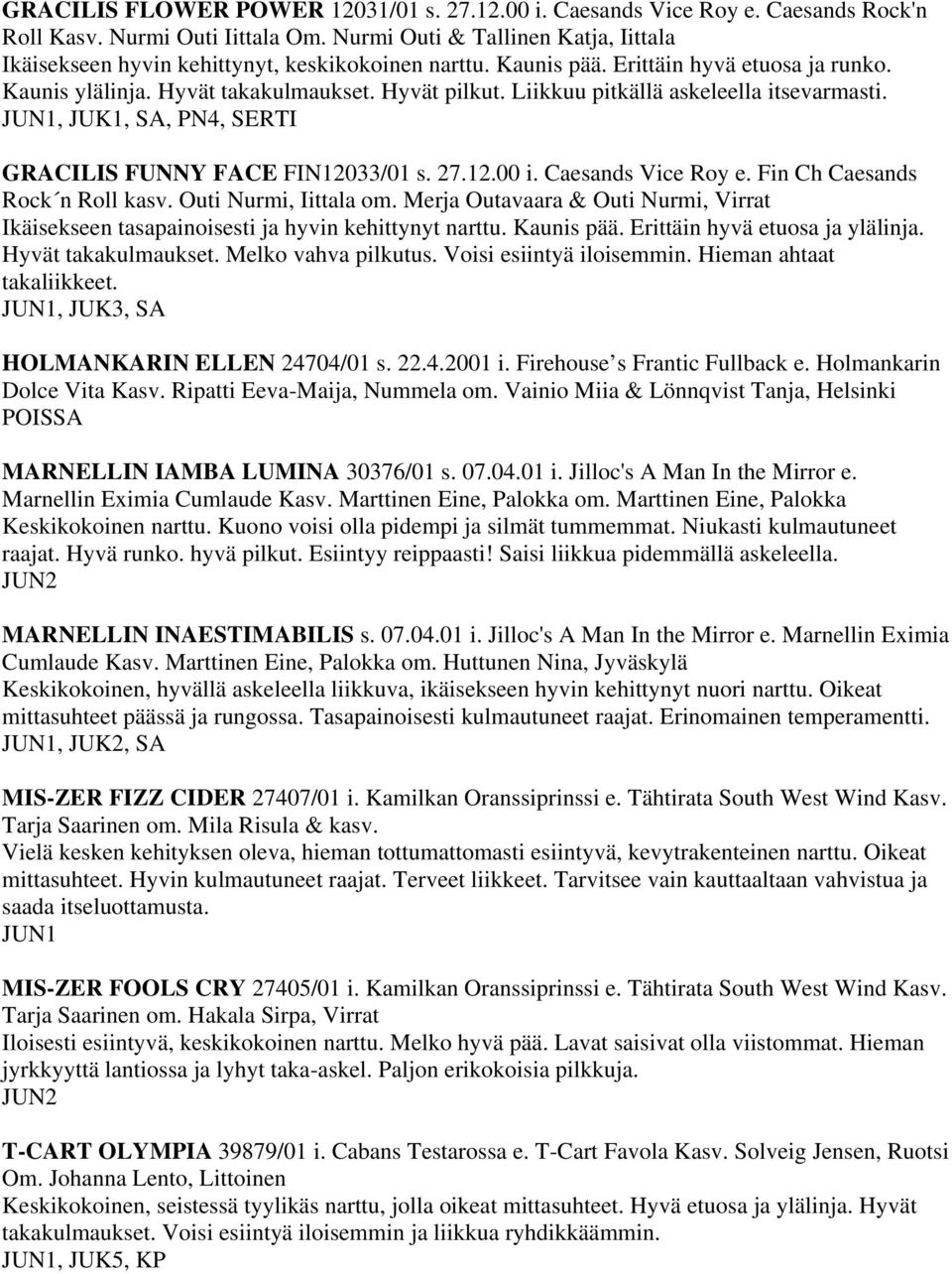 Liikkuu pitkällä askeleella itsevarmasti. JUN1, JUK1, SA, PN4, SERTI GRACILIS FUNNY FACE FIN12033/01 s. 27.12.00 i. Caesands Vice Roy e. Fin Ch Caesands Rock n Roll kasv. Outi Nurmi, Iittala om.