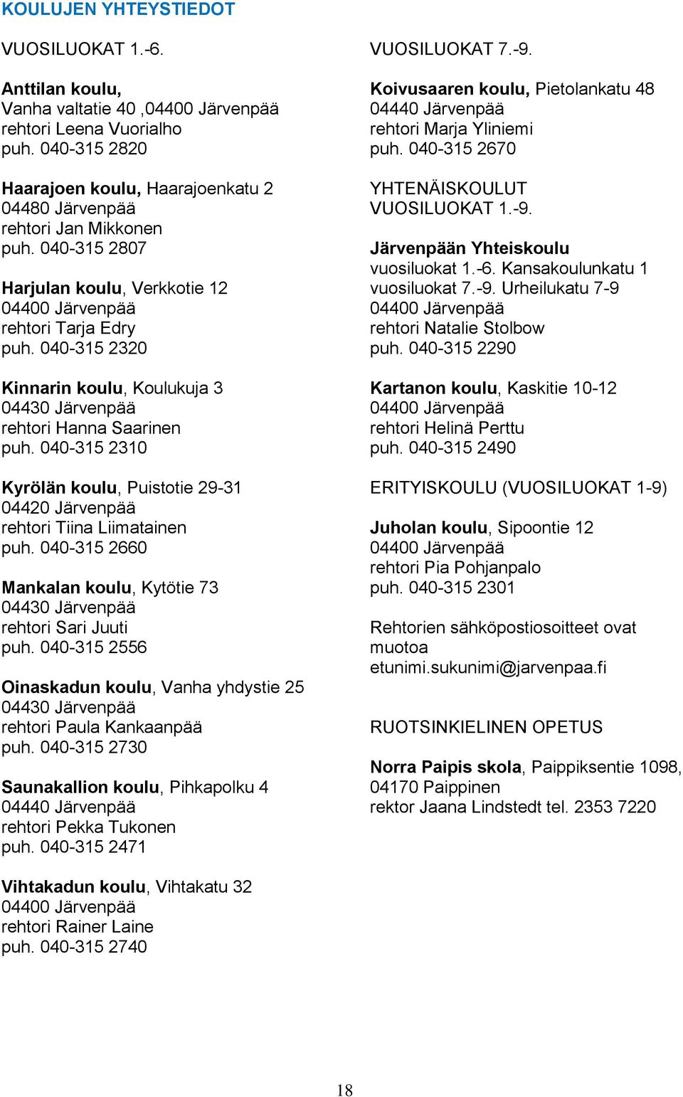 040-315 2320 Kinnarin koulu, Koulukuja 3 04430 Järvenpää rehtori Hanna Saarinen puh. 040-315 2310 Kyrölän koulu, Puistotie 29-31 04420 Järvenpää rehtori Tiina Liimatainen puh.