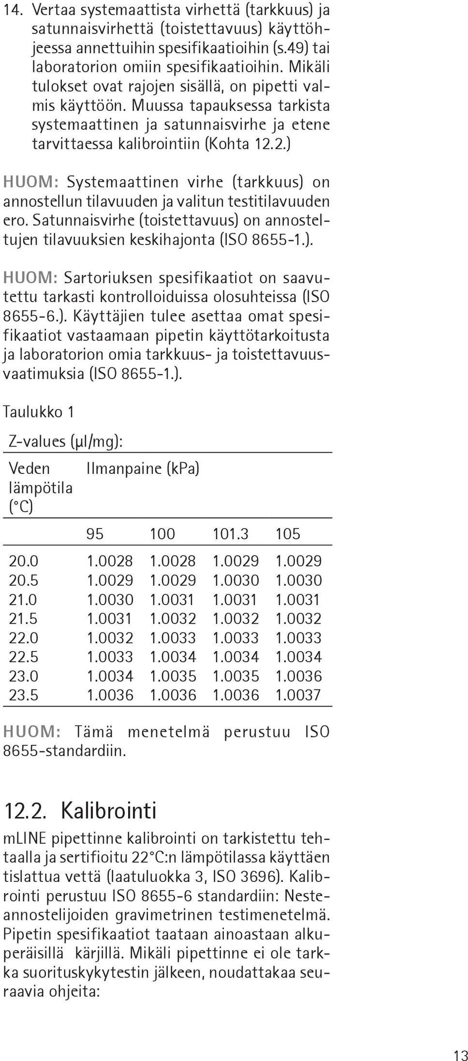 2.) HUOM: Systemaattinen virhe (tarkkuus) on annostellun tilavuuden ja valitun testitilavuuden ero. Satunnaisvirhe (toistettavuus) on annosteltujen tilavuuksien keskihajonta (ISO 8655-1.). HUOM: Sartoriuksen spesifikaatiot on saavutettu tarkasti kontrolloiduissa olosuhteissa (ISO 8655-6.