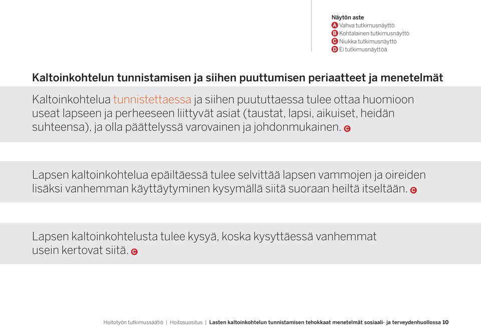 Lapsen kaltoinkohtelua epäiltäessä tulee selvittää lapsen vammojen ja oireiden lisäksi vanhemman käyttäytyminen kysymällä siitä suoraan heiltä