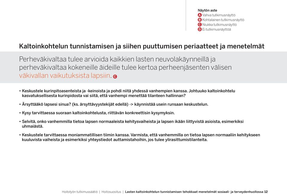 Ärsyttääkö lapsesi sinua? (ks. ärsyttävyystekijät edellä) -> käynnistää usein runsaan keskustelun. Kysy tarvittaessa suoraan kaltoinkohtelusta, riittävän konkreettisin kysymyksin.