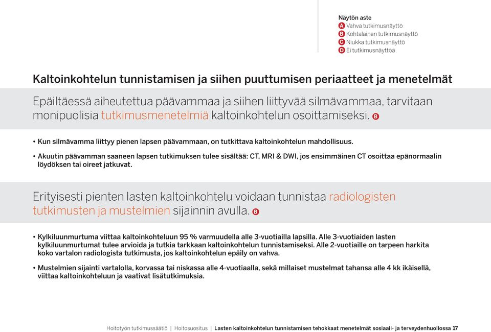 Akuutin päävamman saaneen lapsen tutkimuksen tulee sisältää: CT, MRI & DWI, jos ensimmäinen CT osoittaa epänormaalin löydöksen tai oireet jatkuvat.