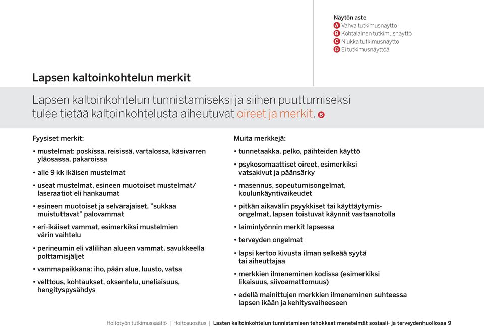 esineen muotoiset ja selvärajaiset, sukkaa muistuttavat palovammat eri-ikäiset vammat, esimerkiksi mustelmien värin vaihtelu perineumin eli välilihan alueen vammat, savukkeella polttamisjäljet