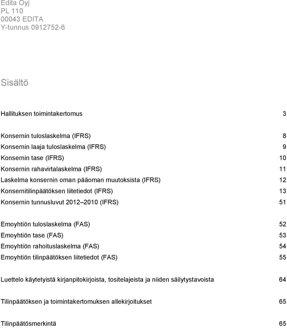 Konsernin tunnusluvut 2012 2010 (IFRS) 51 Emoyhtiön tuloslaskelma (FAS) 52 Emoyhtiön tase (FAS) 53 Emoyhtiön rahoituslaskelma (FAS) 54 Emoyhtiön tilinpäätöksen