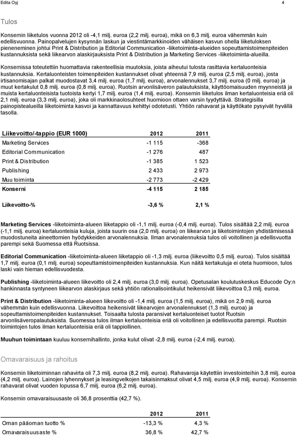 sopeuttamistoimenpiteiden kustannuksista sekä liikearvon alaskirjauksista Print & Distribution ja Marketing Services -liiketoiminta-alueilla.