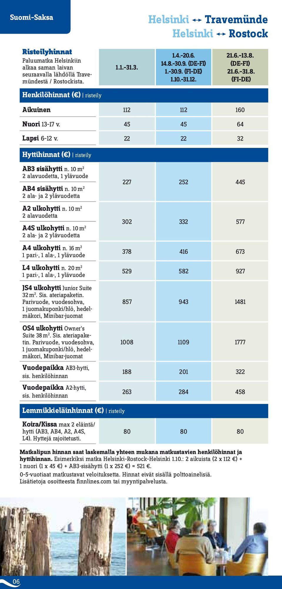 22 22 32 Hyttihinnat ( ) risteily AB3 sisähytti n. 10 m 2 2 alavuodetta, 1 ylävuode AB4 sisähytti n. 10 m 2 2 ala- ja 2 ylävuodetta A2 ulkohytti n. 10 m 2 2 alavuodetta A4S ulkohytti n.