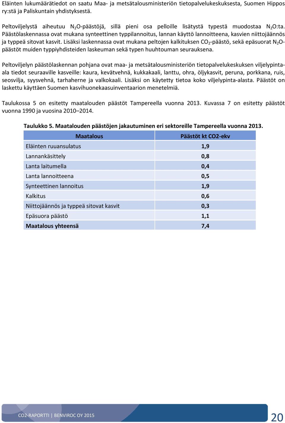 Päästölaskennassa ovat mukana synteettinen typpilannoitus, lannan käyttö lannoitteena, kasvien niittojäännös ja typpeä sitovat kasvit.